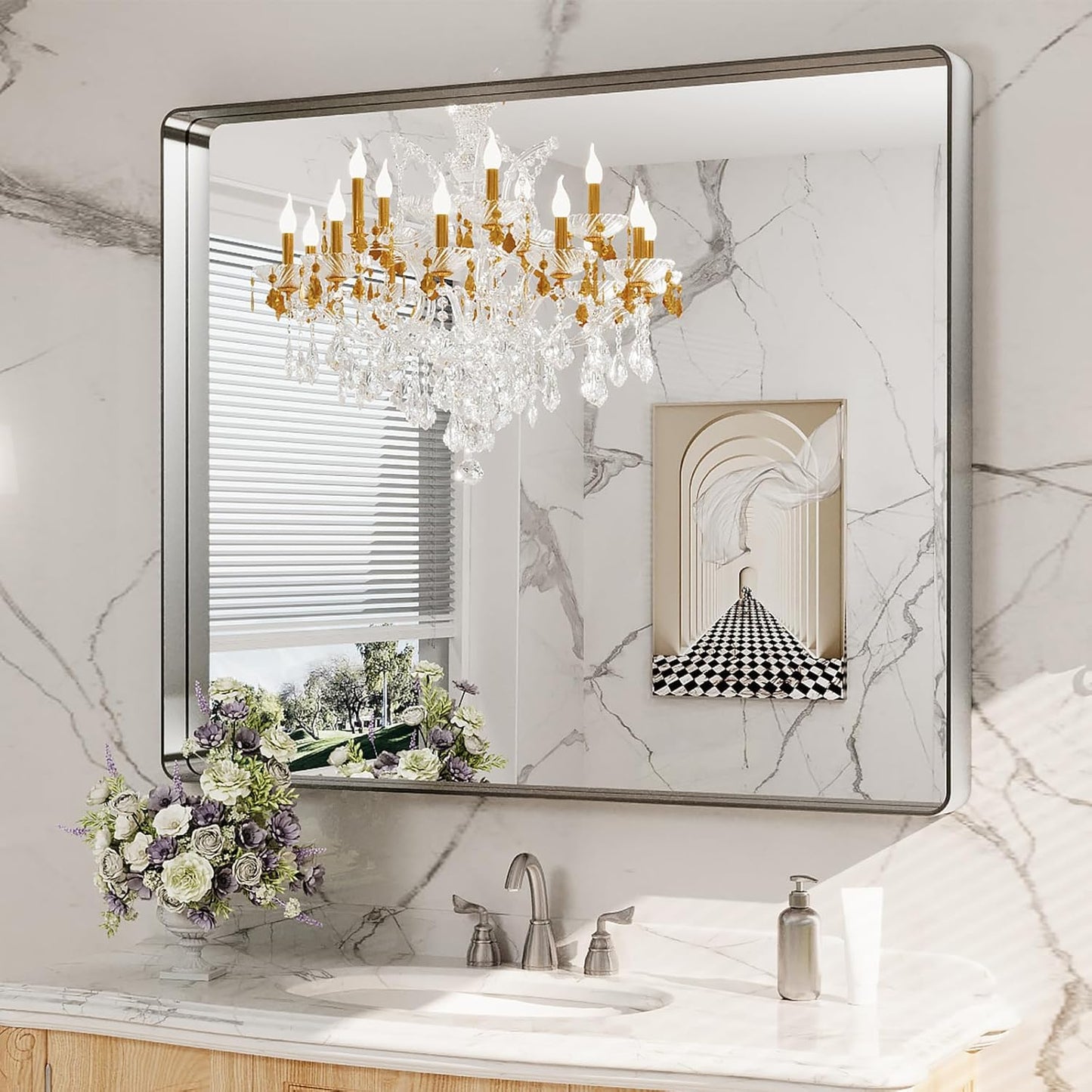 LOAAO 48x40 Inch Brushed Nickel Bathroom Mirror, Rounded Rectangle Silver Metal Frame Mirror, Brushed Nickel, Anti-Rust, Shatter Proof, Hangs Horizontally or Vertically