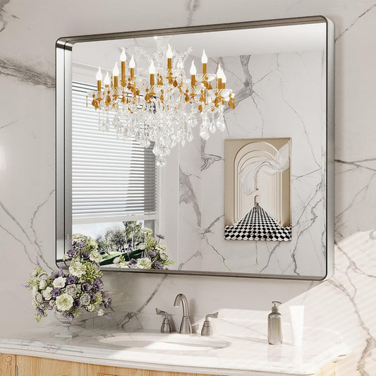 LOAAO 48x40 Inch Brushed Nickel Bathroom Mirror, Rounded Rectangle Silver Metal Frame Mirror, Brushed Nickel, Anti-Rust, Shatter Proof, Hangs Horizontally or Vertically