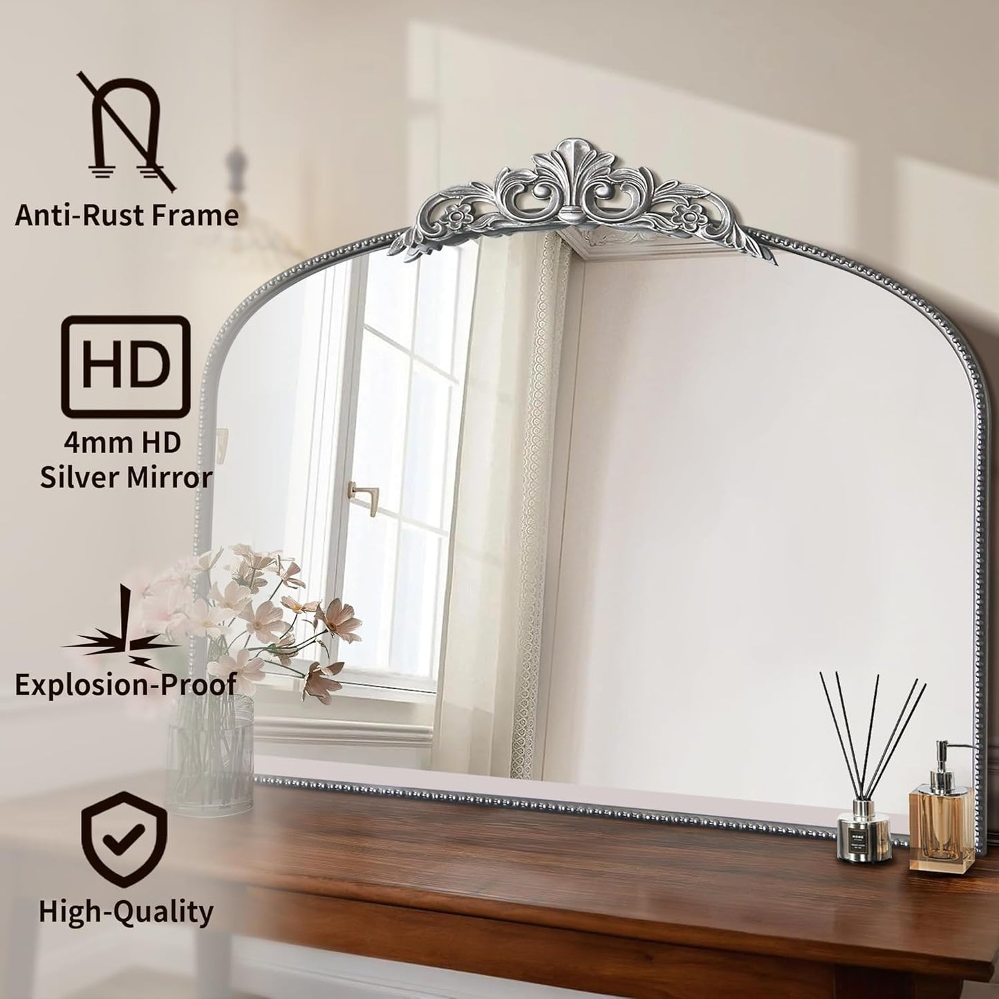 Micasso Antique Wall Silver Mirror: 40" x 30" French Baroque Vintage Mirror - Traditional Ornate Decorative Arched Mirrors for Wall/Bathroom/Entryway/Fireplace/Hallway - Home Decor for Living Room