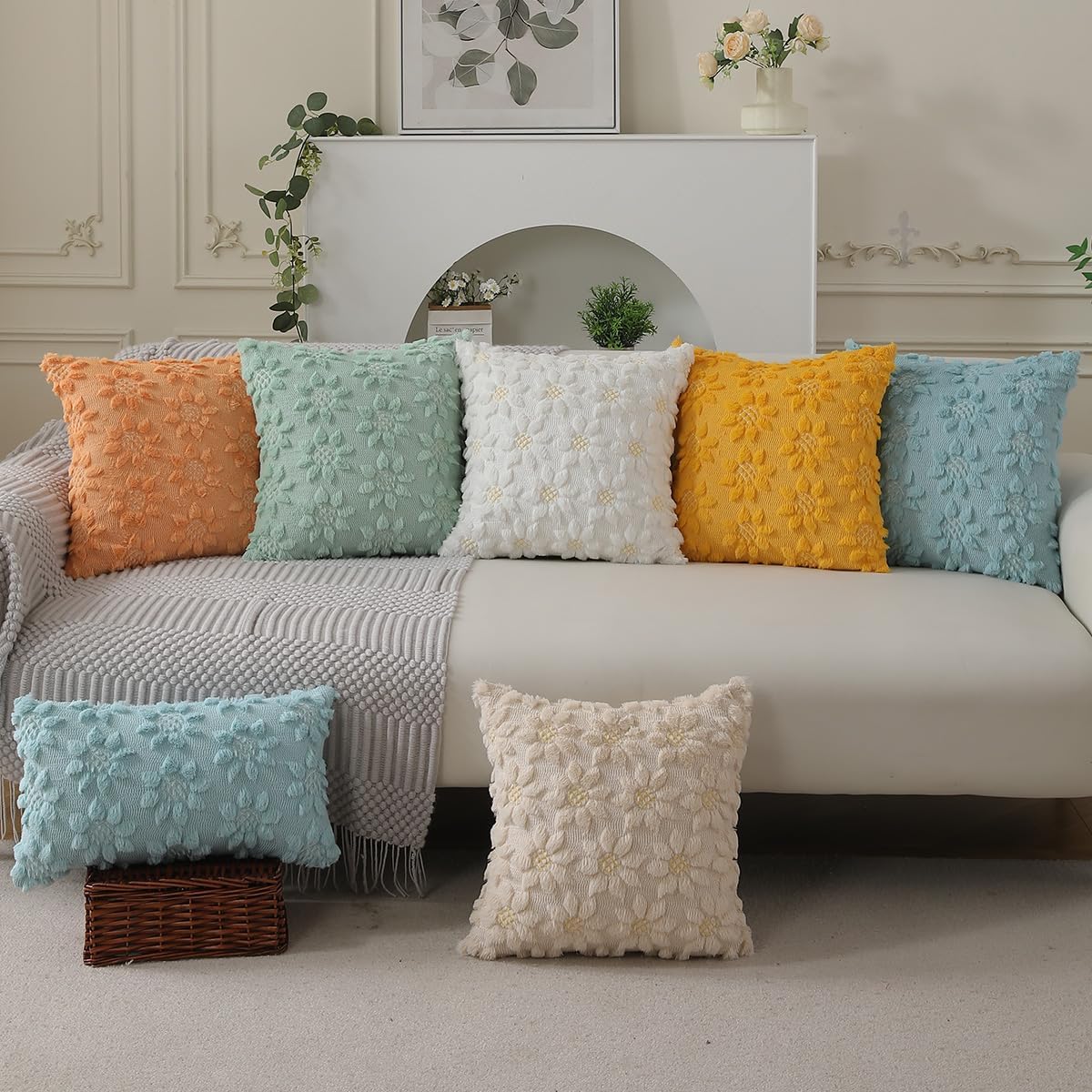 DFXSZ Spring Summer Pillow Covers 16x16 inch Set of 2 Farmhouse Decor White Flower Heart Sunflower Green Soft Plush Faux Fur Jacquard Throw Pillows for Sofa Holiday Spring Home Decor PTK024F16