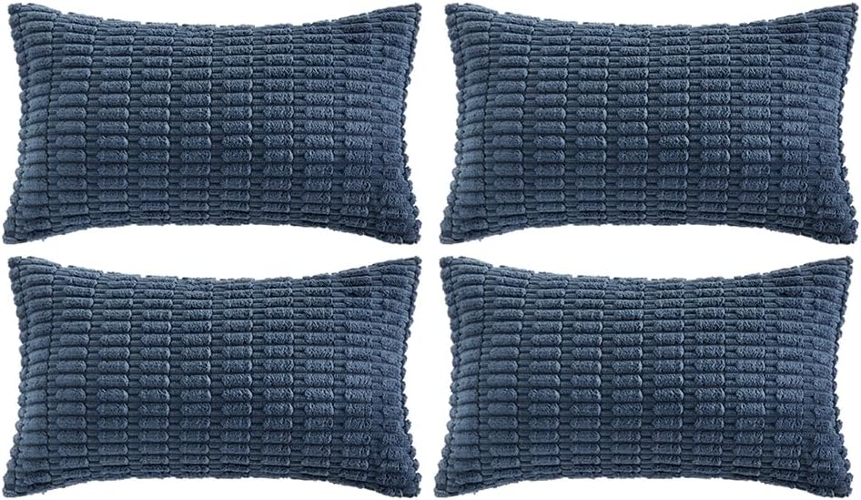 Fancy Homi 4 Packs Dusty Blue Decorative Throw Pillow Covers 16x24 Inch for Living Room Couch Bed Sofa, Rustic Farmhouse Boho Home Decor, Soft Plush Striped Corduroy Square Cushion Case 40x60 cm