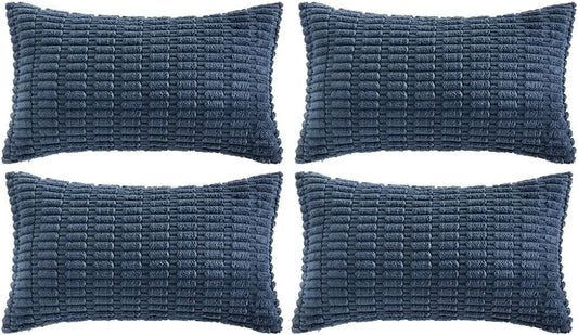 Fancy Homi 4 Packs Dusty Blue Decorative Throw Pillow Covers 14x24 Inch for Living Room Couch Bed Sofa, Rustic Farmhouse Boho Home Decor, Soft Plush Striped Corduroy Square Cushion Case 35x60 cm
