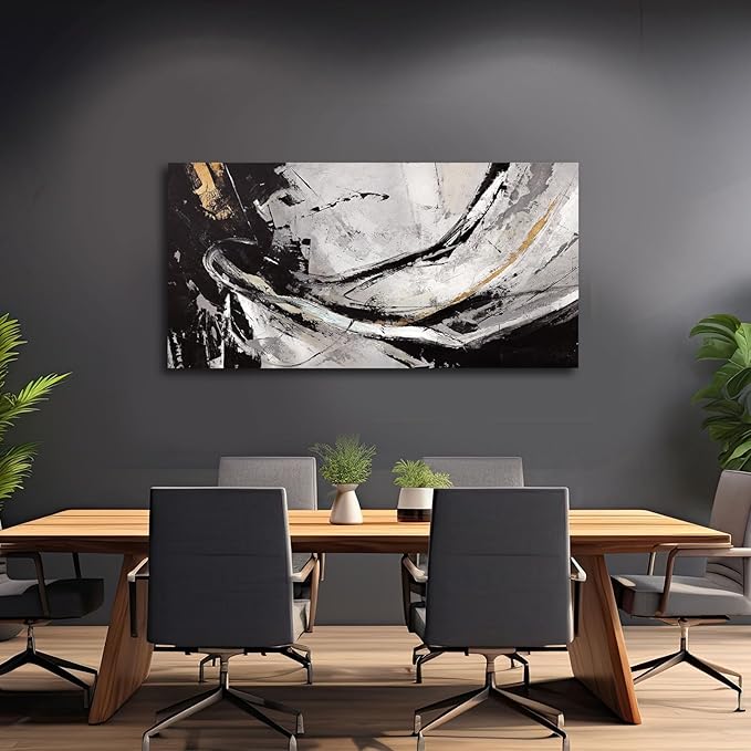 XIANSHOU Black and White Wall Art for Living Room/ 24x48 Inches Abstract Painting/Modern Artwork for Bedroom Home Office Wall Decorations