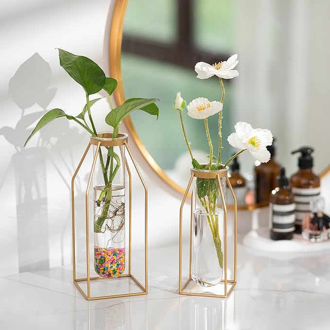 Sziqiqi Glass Tube Vase with Metal Stand - Modern Flower Vase Propagation Station for Plants Minimalistic Wire Square Vase for Room Decor Office Wedding Table Decoration