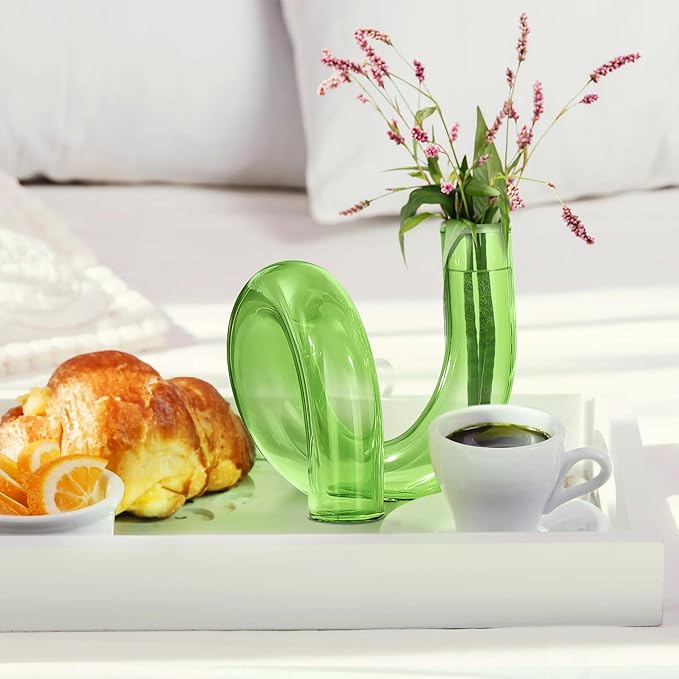 Joeyan Handmade Small Green Glass Flower Vase,Decorative Geometric Glass Bud Vase for Modern Home Centerpieces Living Room Office,4.72" Abstract Vase for Single Flower and Dry Flowers