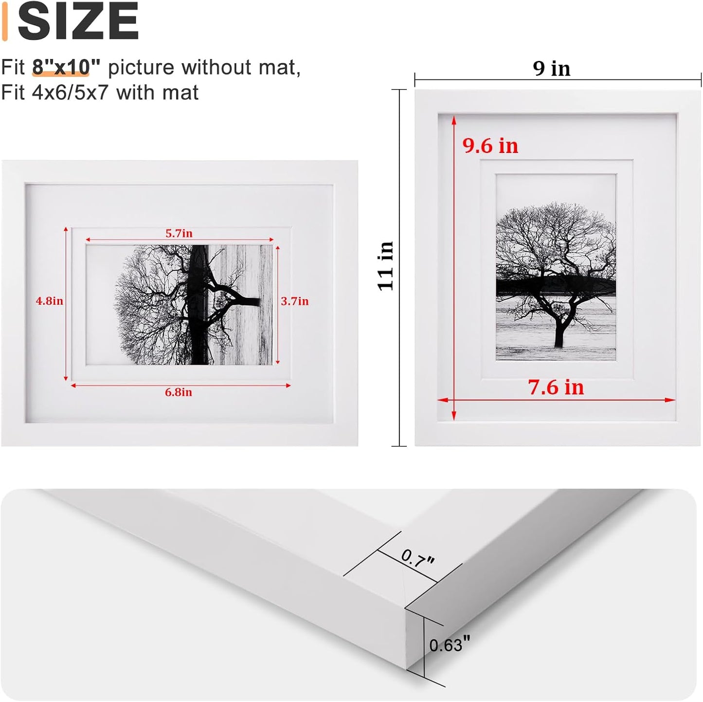 Egofine 8x10 Picture Frames Set of 4, Made of Solid Wood Covered by Plexiglass 4x6 and 5x7 with Mat or 8x10 without Mat, for Table Top Display and Wall Mounting Photo Frame White