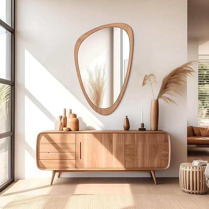 WallBeyond Asymmetrical Mirror, Irregular Wall Mirror, Wall Mirrors Decorative for Bedroom Living Room Entryway Hall, Wood Mirror for mid Century Modern Decor 36" H x 23" W