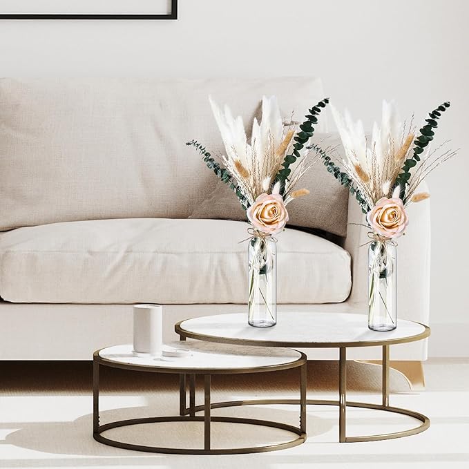 10 Set Dried Pampas Grass Centerpiece for Wedding 10 Clear Glass Jars 10 Artificial Roses 80 Dried Pampas Grass with Rope for Baby Shower Rustic Bridal Party Farmhouse Decoration (Champagne)