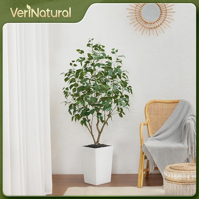 5FT Artificial Ficus Tree with White Taper Planter & Pebbles– Tall Faux Trees with UV Resistant Silk Leaves for Indoor Outdoor - Potted Fake Floor Plants for Home Office Room Decor, VN128