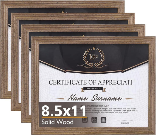 KINLINK 8.5x11 Picture Frame Brown, Solid Wood Diploma Frames with Acrylic Plexiglass for Pictures, Certificate Degree Document Frame Tabletop and Wall Mounting Display, 4 Pack