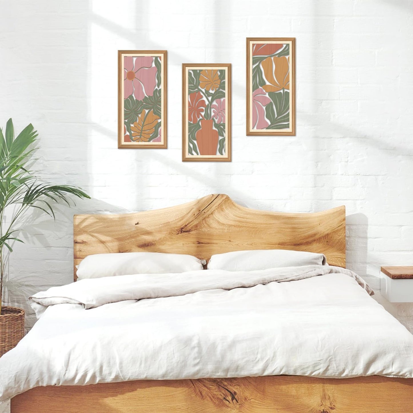 IARTTOP 3 Pcs Boho Flower Market Wall Decor Floral Botanical Modern Wood Wall Art Bohemian Floral Hanging Decor Abstract Minimalist Wooden Art for Living Room Bedroom Office 7.9 x15.8 Inch