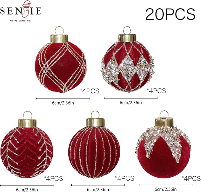 20PCS Velvet Ornaments for Christmas Tree, 2.36INCH Glitter Flocked Christmas Ornaments Decorations Balls Set Decor