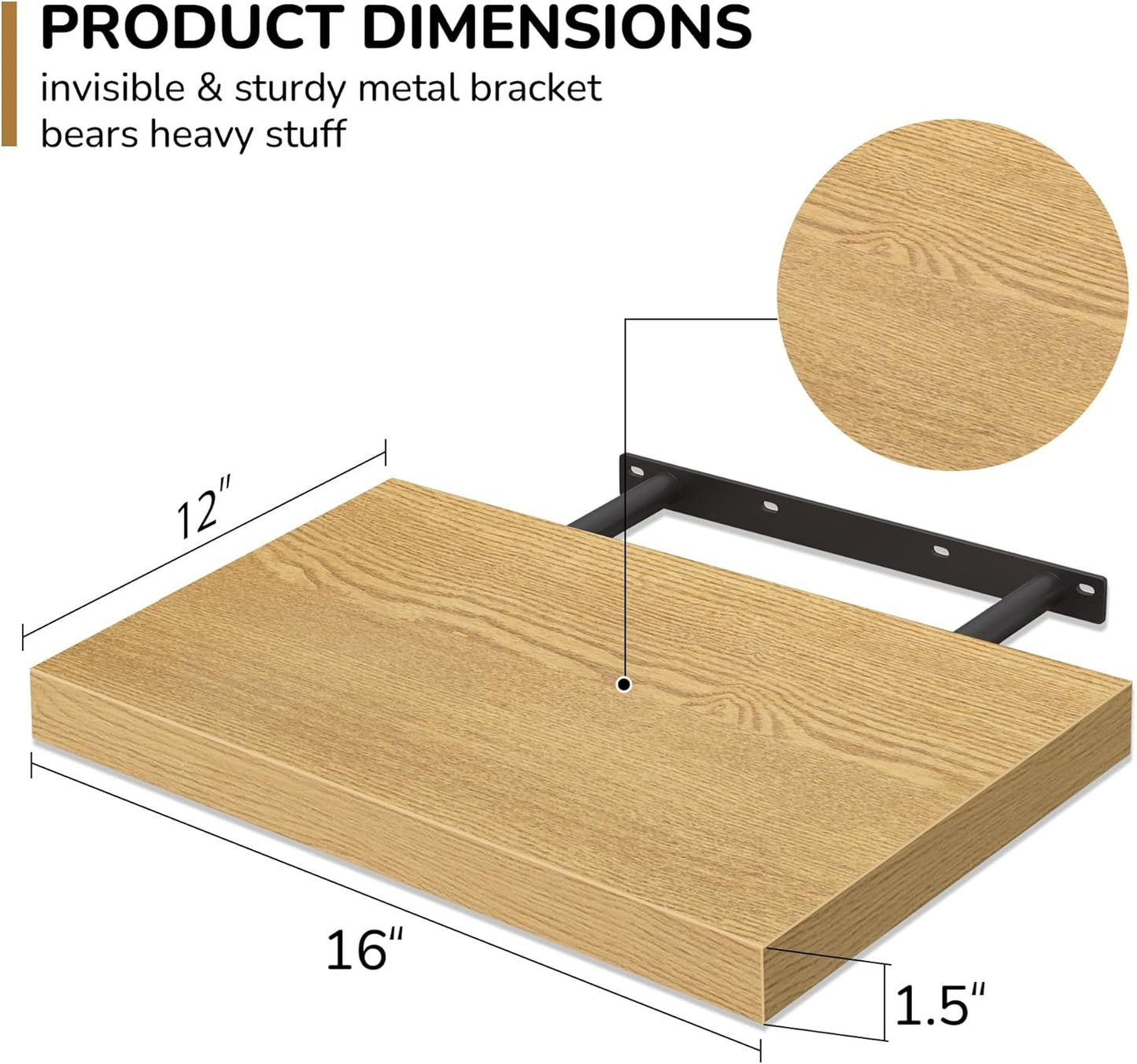 Fun Memories Floating Shelves - 2 Pack 12 Inch Rustic Wooden Wall Shelves - Extra Deeper & Thicker Wall Mounted Storage Shelf for Living Room, Kitchen, Farmhouse - 16" W x 12" D x 1.5" H - Oak