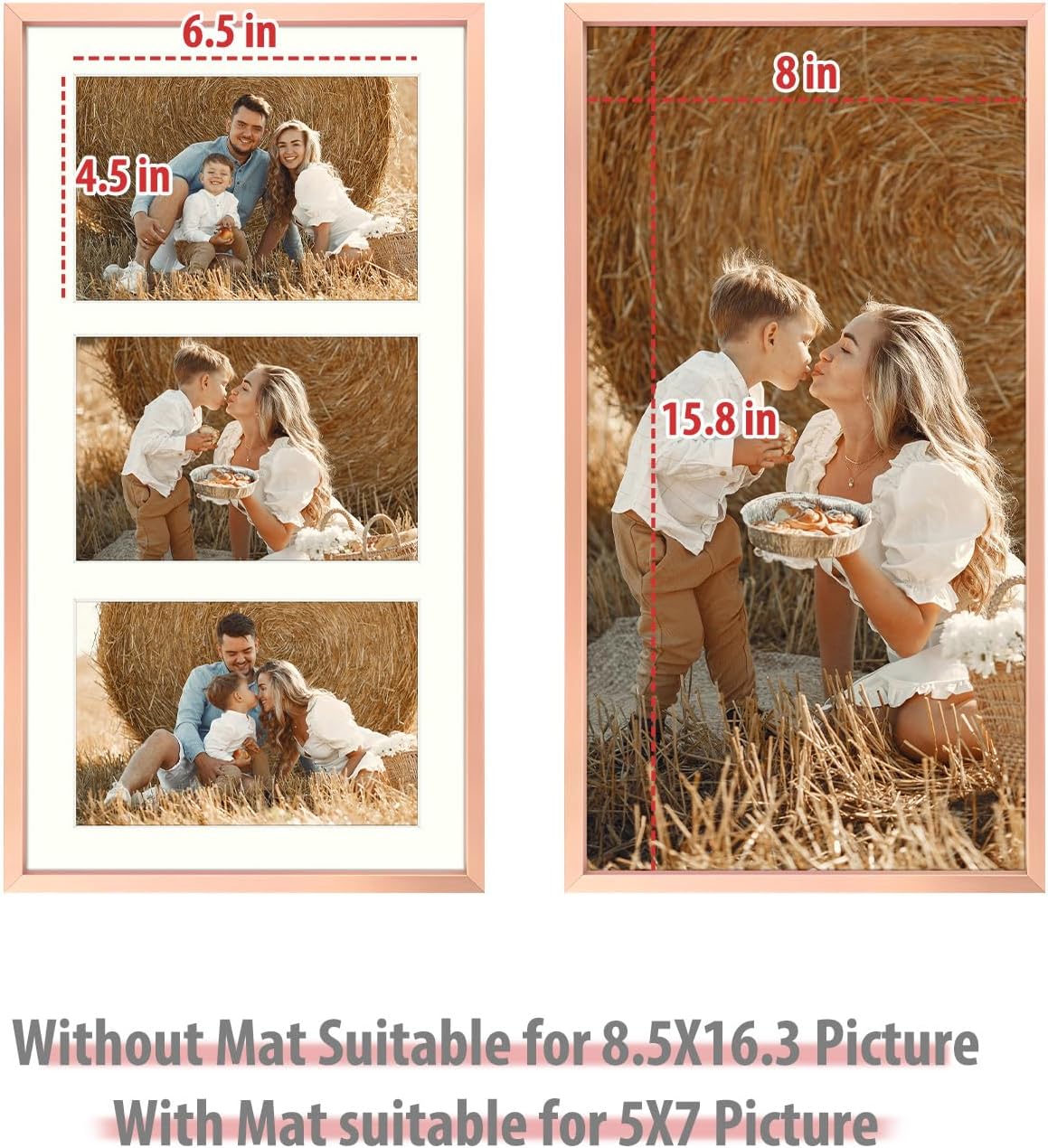 Frametory - 8.5x16.3 Aluminum Collage Picture Frame - Display 5x7 Pictures with 3 Openings Mat - Real Glass Front - Horizontal/Vertical Wall Mount - Rose Gold 1 Pack