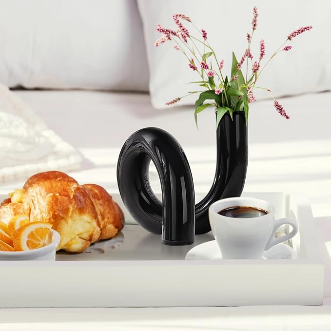 Joeyan Handmade Small Black Glass Flower Vase,Decorative Geometric Glass Bud Vase for Modern Home Centerpieces Living Room Office,4.72" Abstract Vase for Single Flower and Dry Flowers