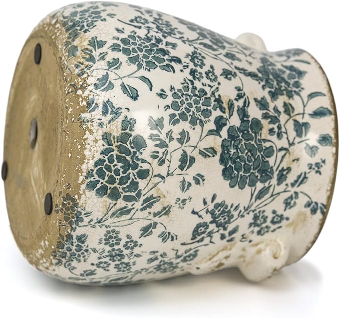 Teal Ceramic Pot for Planter, Vintage Flower Pot with Drainage Holes, 6.3 inch Ice Crack Glazed Indoor Planters Pot with Handle (Cyan)