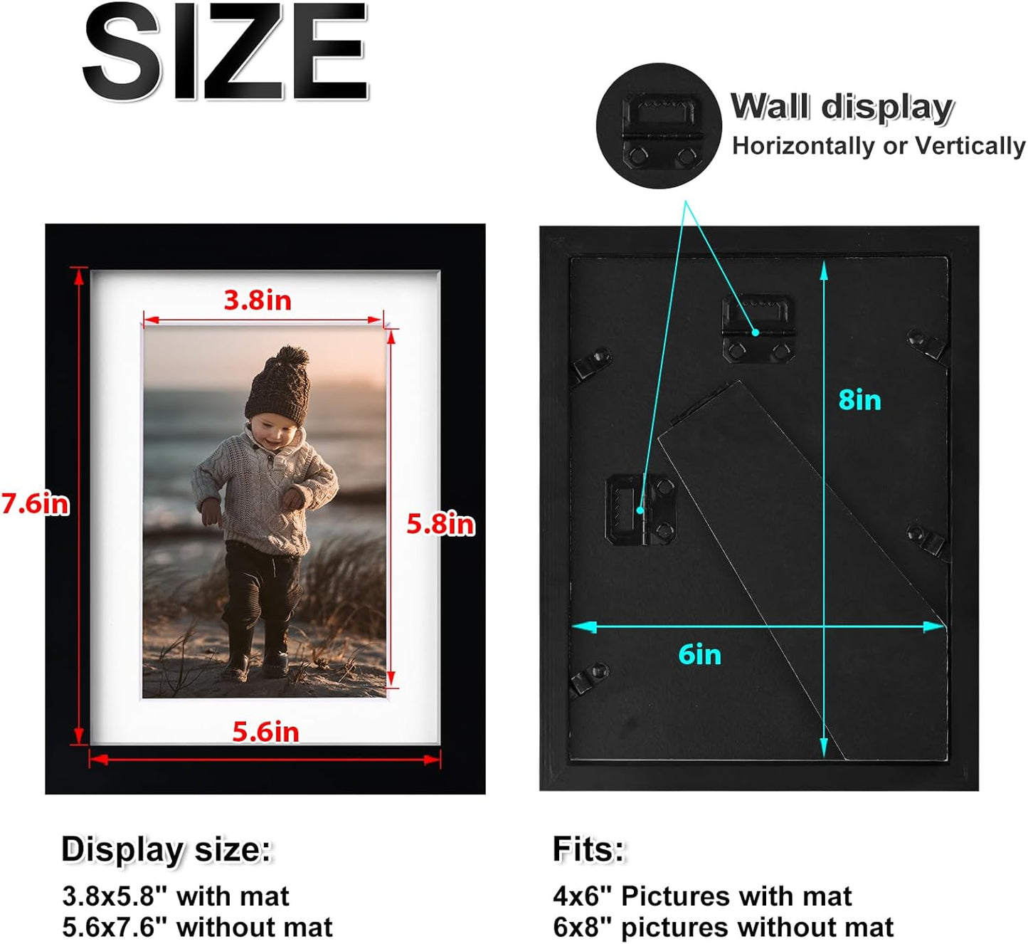 KINLINK 6x8 Picture Frame Black, Solid Wood Frames with Acrylic Plexiglass for Pictures 4x6 with Mat or 6x8 without Mat, Tabletop and Wall Display Photo Frame, Set of 4