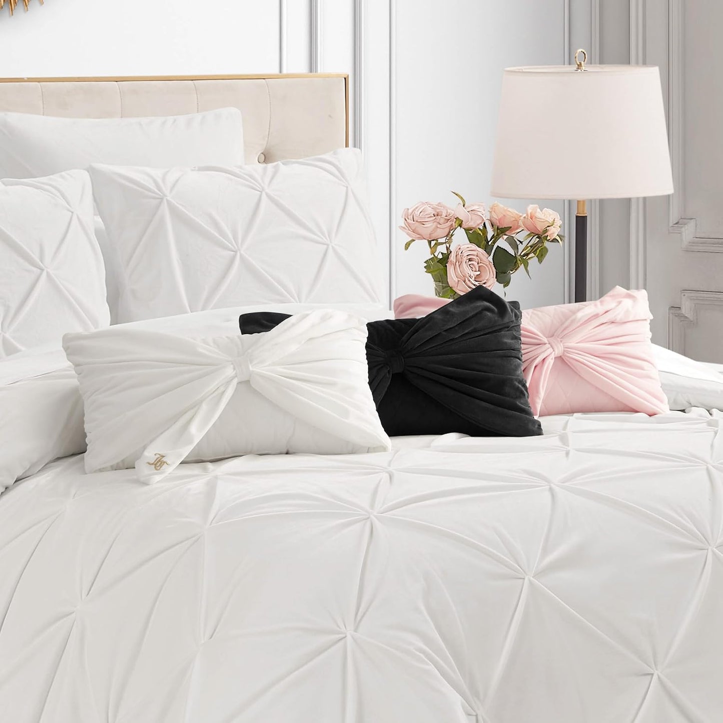 Juicy Couture Velvet Bow Designer Decorative Pillow - 10"x18", White