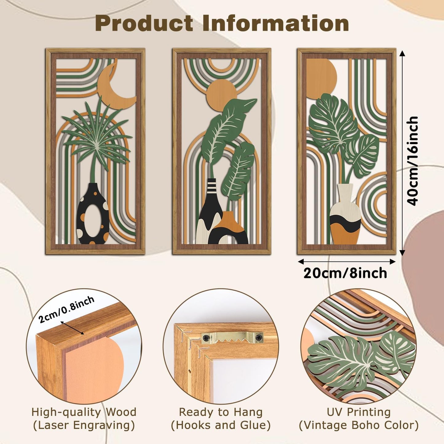 KAIRNE Boho Wooden Wall Art,Bohemian Wood Wall Decor Set of 3(16”X8”),Farmhouse Geometric Hanging Decor,Abstract Minimalist Sun Moon Artwork for Living Room Bedroom Nursery Office Decoration,Framed