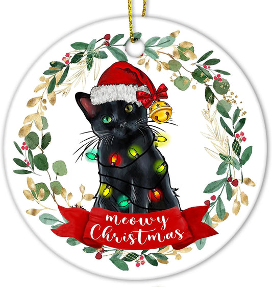 Black Cat Christmas Ornament - Meowy Christmas Tree Decoration, Cat Gifts and Decor, Hanging Ornament