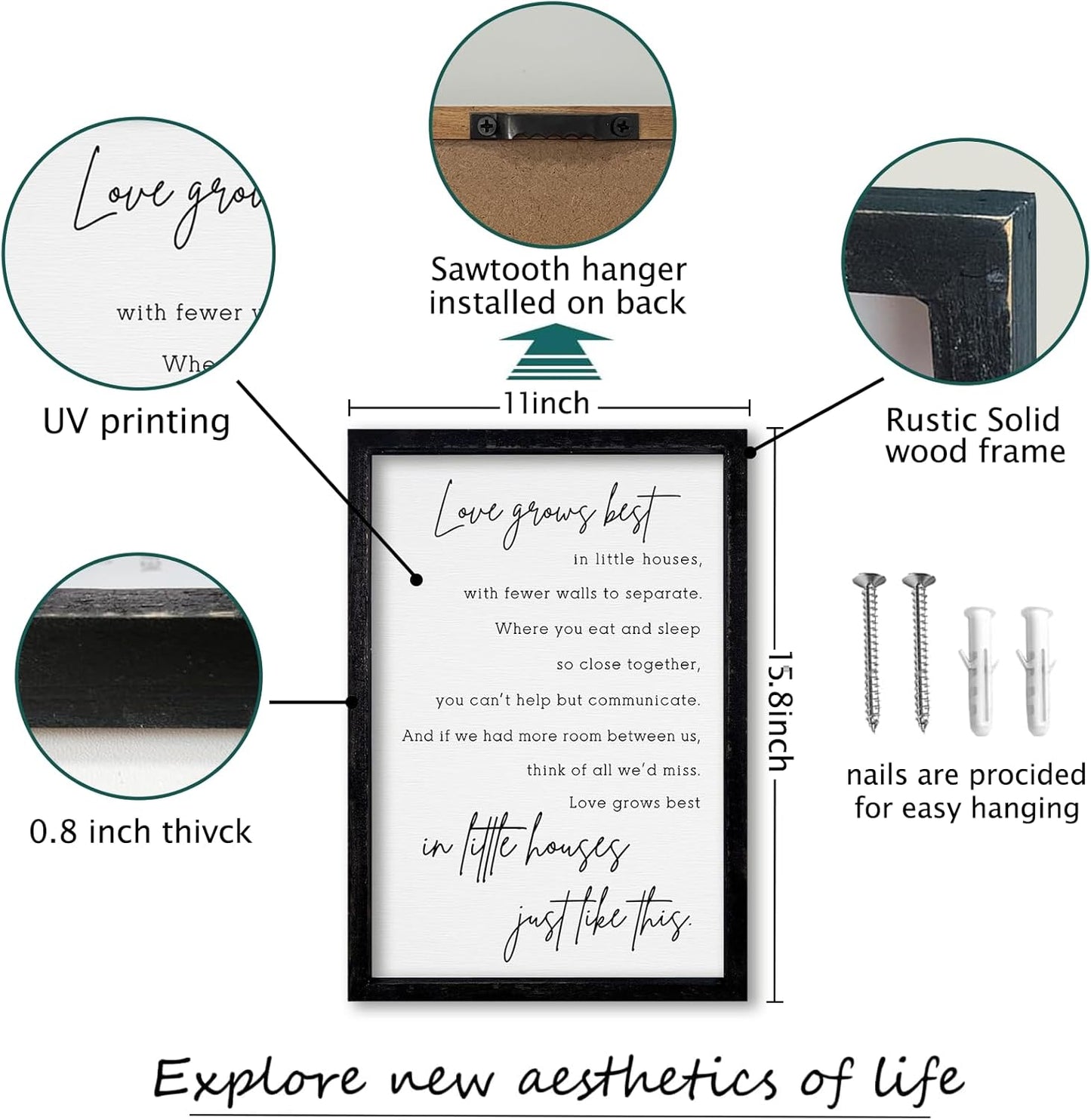 comurdyo Love Grows Best In Iittle Houses Wall Decor 16"×11" Inspirational Love Quote Sign Family Wood Framed Wall Hanging Art (Black)