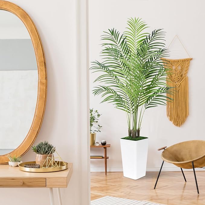 5ft Artificial Palm Tree with White Planter-Tall Artificial Indoor Plants, Fake Tropical Palm Tree, Faux Silk Plants for Home Office Living Room Bedroom Modern Decor