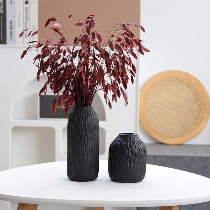 Black Ceramic Flower Vase Set of 2, Porcelain Cylindrical Dried Flowers Holder, Decorating for Drawing Room/Table/Study/Office Entryway, Modern Simple Boho Style (Black)