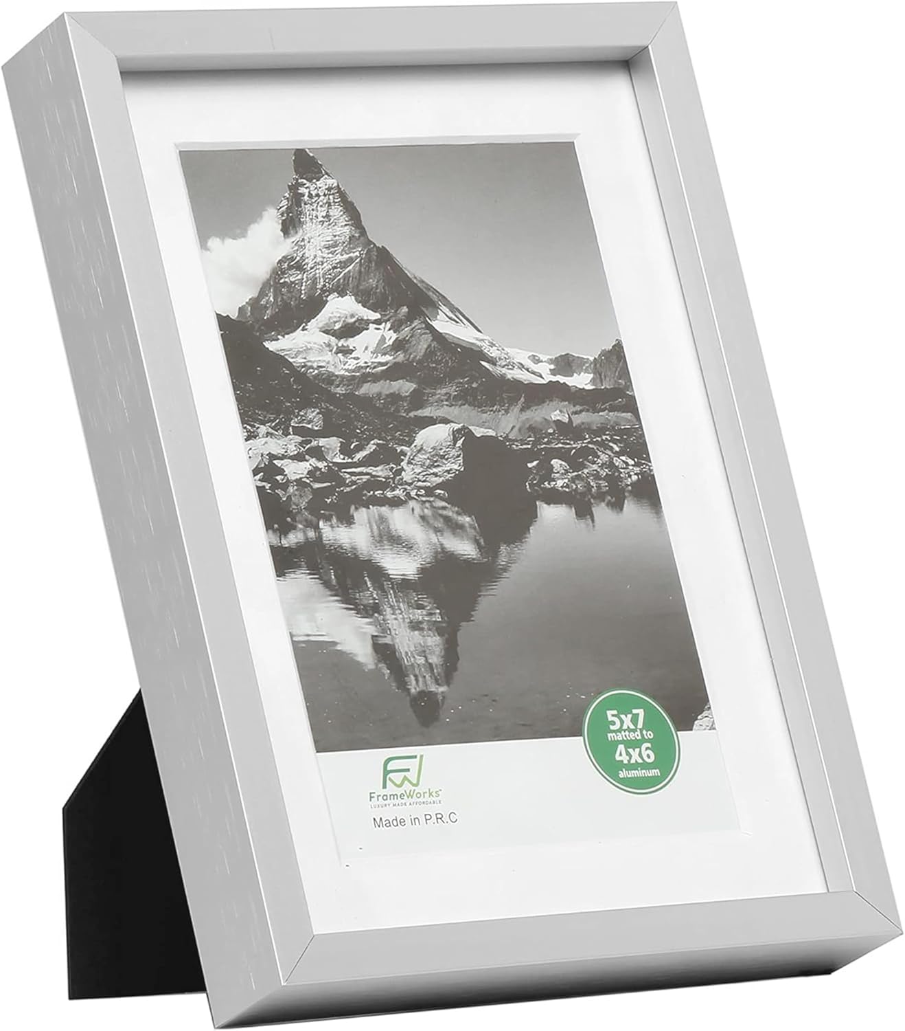 FrameWorks 5x7 Matted to 4x6 Picture Frame – Aluminum Frame w/Tempered Glass, Removable Mat for Photos, Posters, Art, Stylish Wall Frame for Home Decor, Gallery Walls, Office, Living Room - Silver