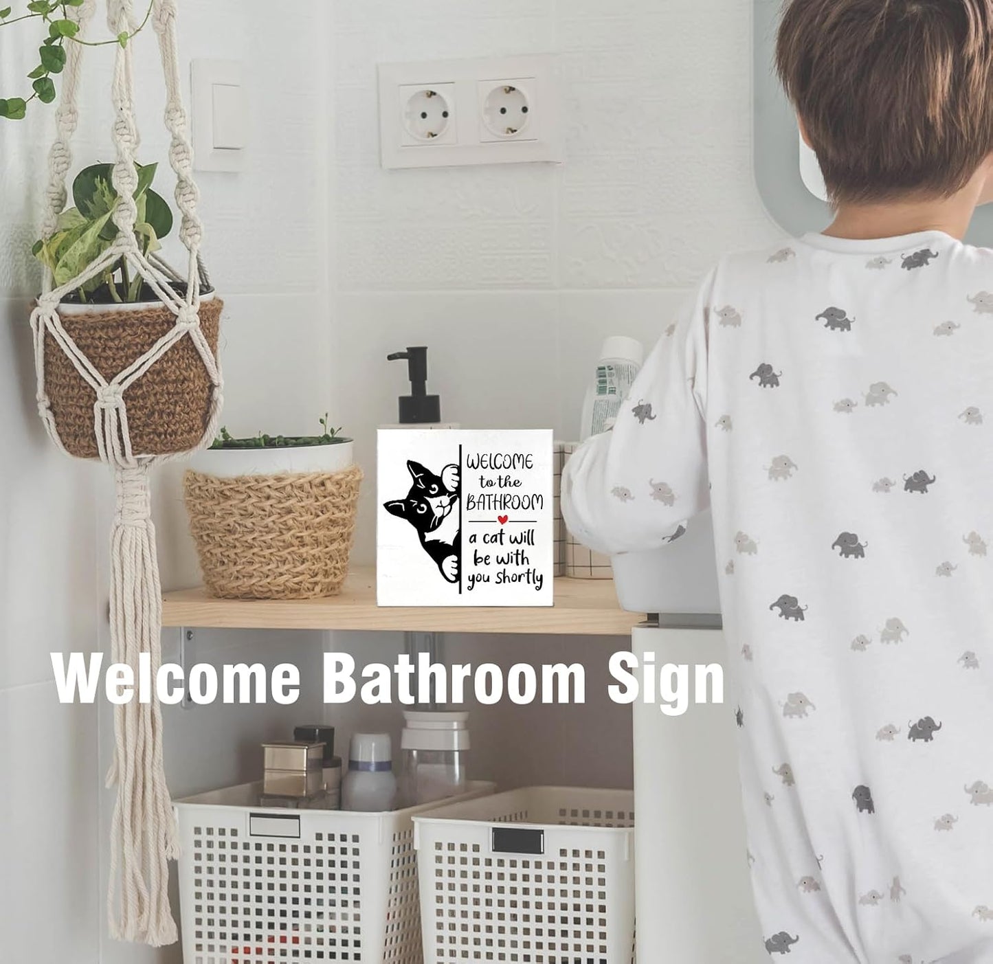 Funny Black Cat Bathroom Decorations Art Wall Decor Desk Wood Box Sign, Gifts for Women Cats Lovers, Bath Decoration for Toilet, Welcome To The Bathroom A Cat Will Be With, 5x5 inch