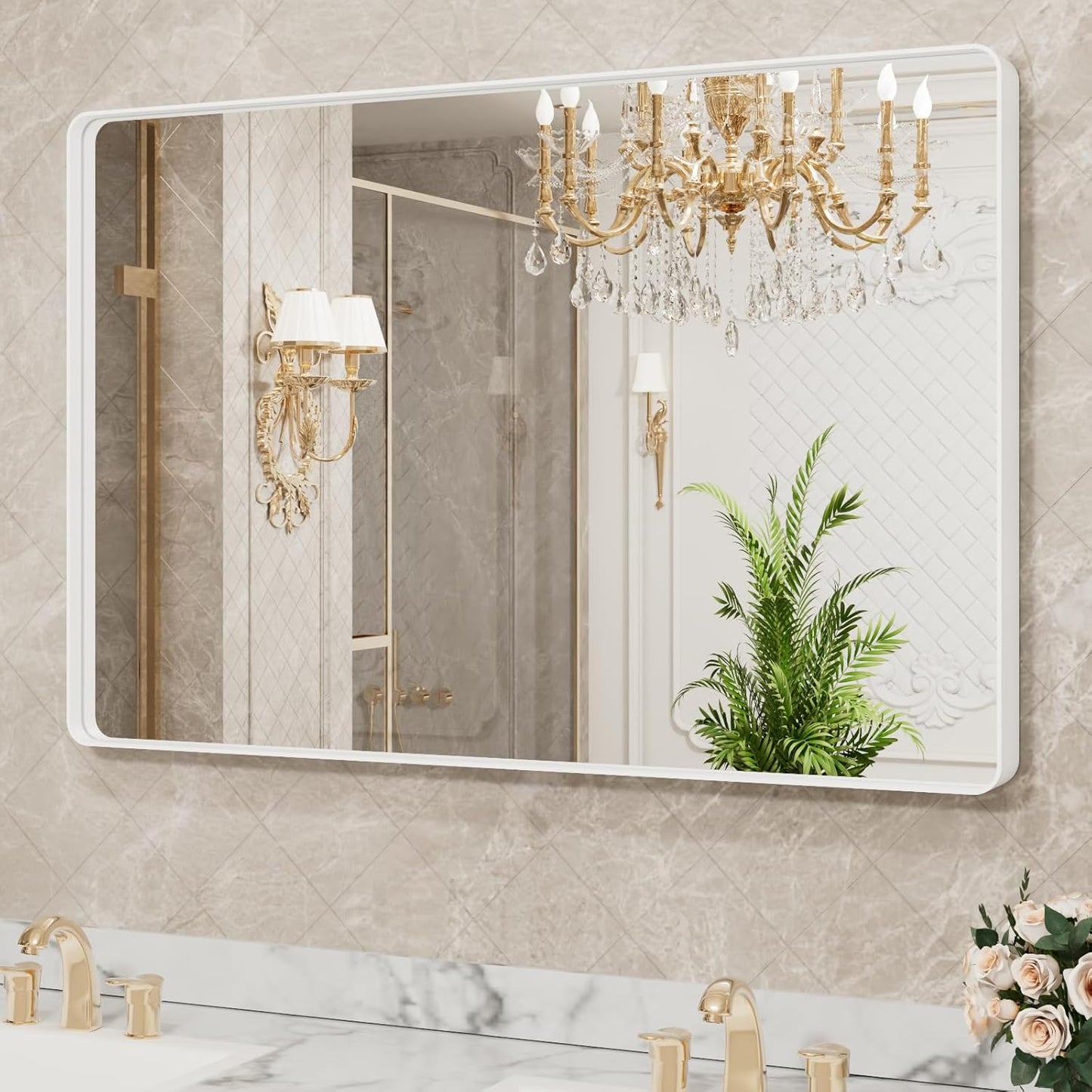 LOAAO 40x30 Inch White Metal Framed Bathroom Mirror for Wall, White Bathroom Vanity Mirror Farmhouse, Large Rounded Rectangle Mirror, Anti-Rust, Tempered Glass, Hangs Horizontally or Vertically