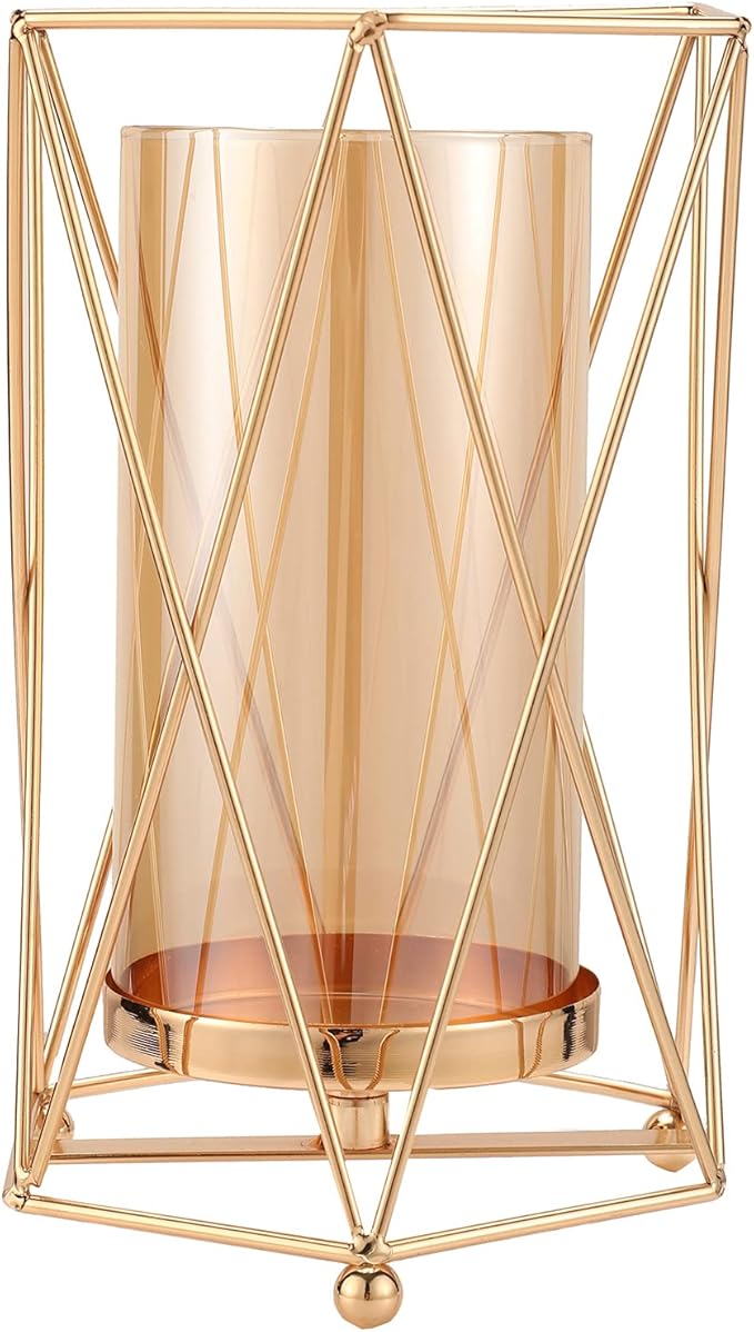 Cosylove Geometric Glass Vase with Metal Bracket, Crystal Transparent Inner Vase, Hand-Plated Geometric Metal Vase, Rose Gold Vase Decoration for Home Office Wedding Holiday Party Gift