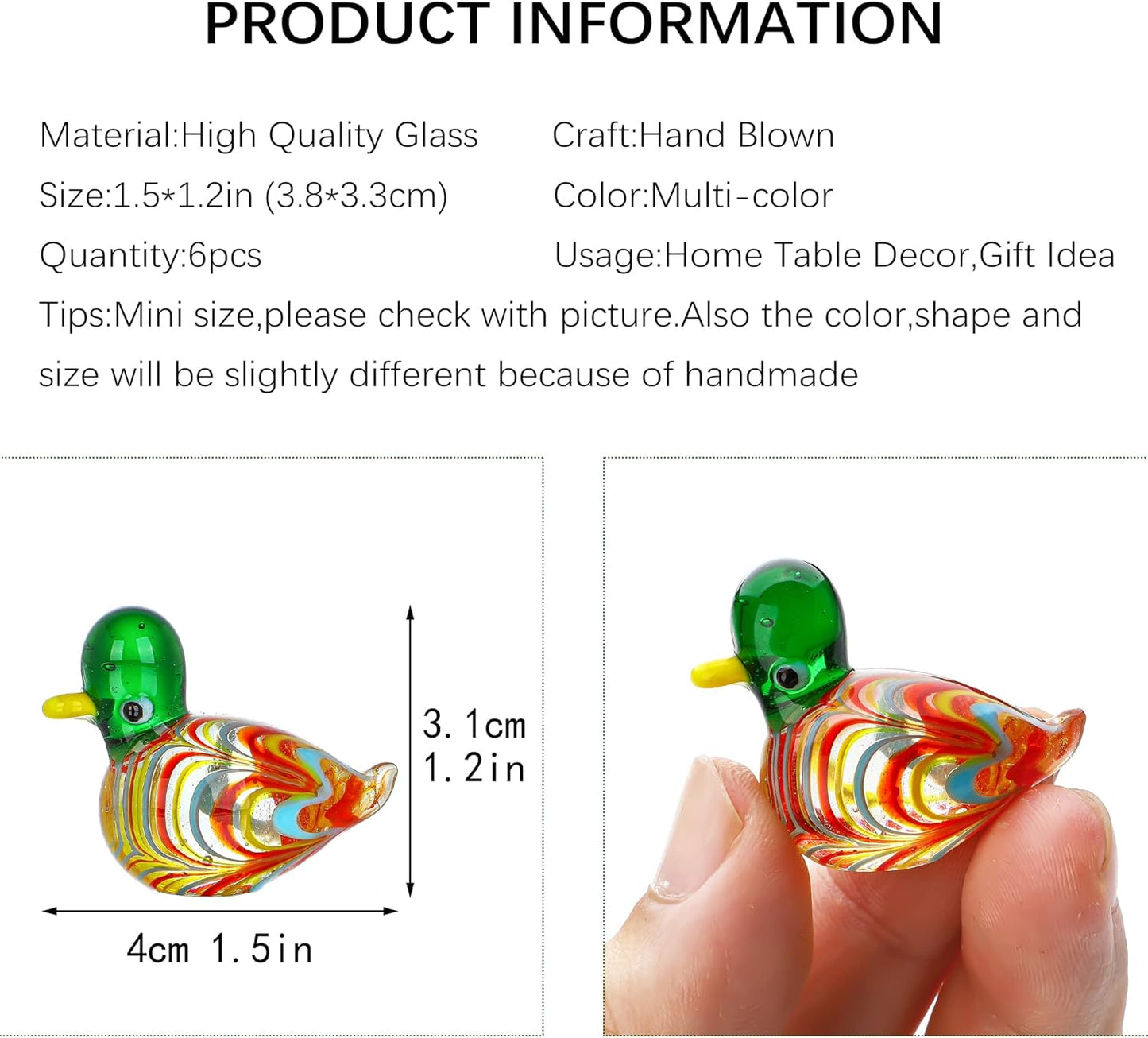 HDCRYSTALGIFTS 6pcs Mini Blown Glass Mandarin Ducks Figurines Collectible Art Glass Animal Miniature Figurines Showpiece Ornament (Colorful)