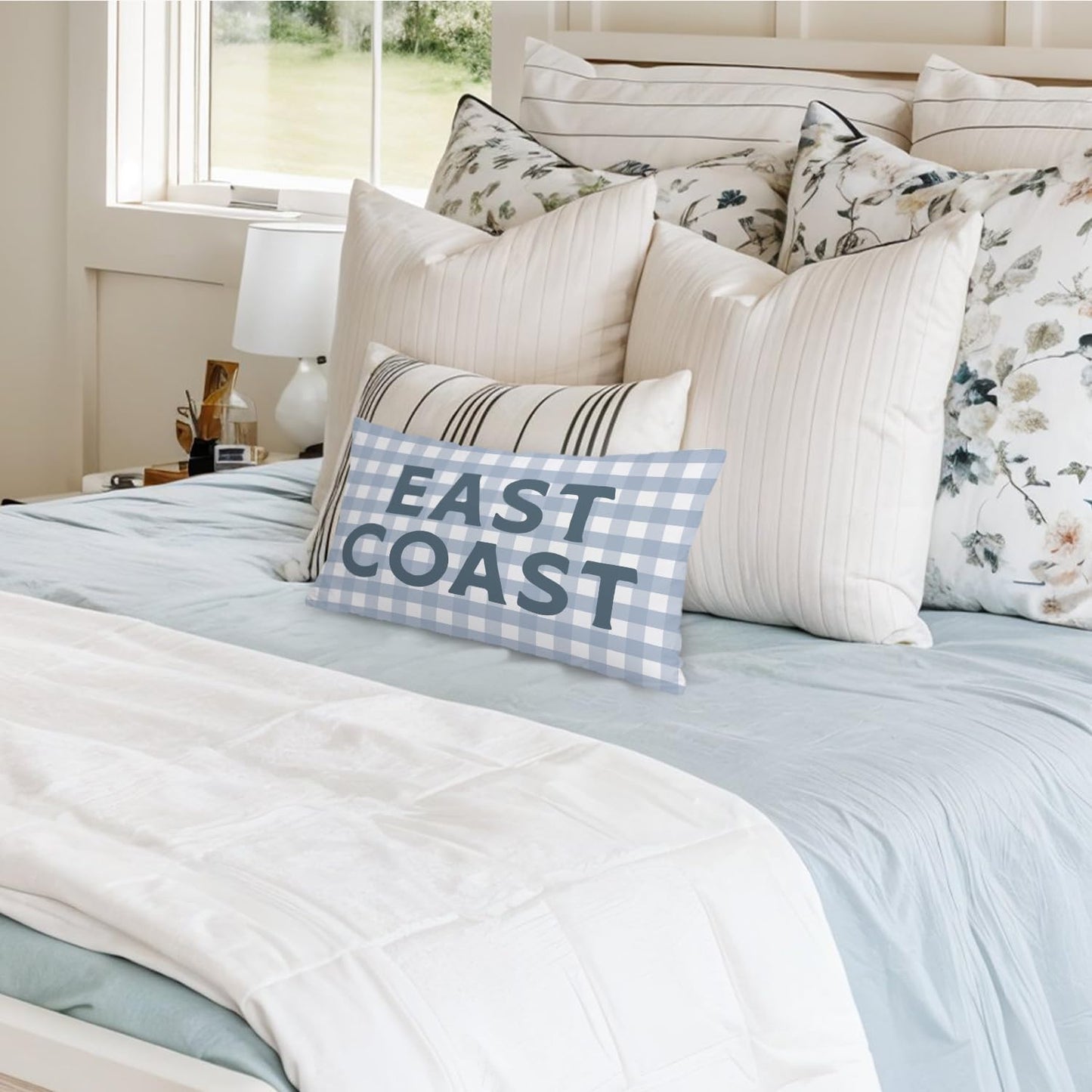 Coastal Beach Girls Room Decor 12x20 Pillow Cover, East Coast Preppy Trendy Gray and White Plaid Decorative Lumbar Pillow Covers for Boys Bedroom College Dorm Sofa Couch