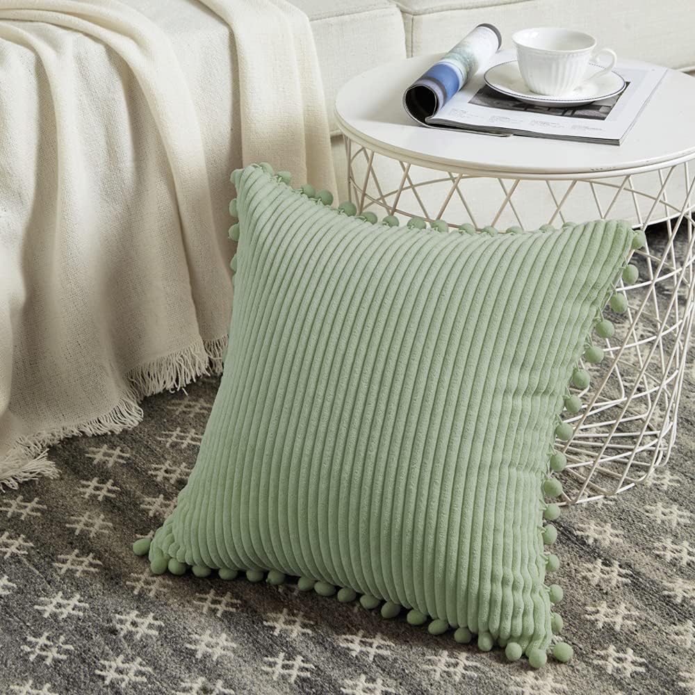Fancy Homi Pack of 2 Sage Green Decorative Throw Pillow Covers with Pom-poms, Soft Corduroy Solid Square Cushion Cases Set for Couch Sofa Bedroom Car Living Room (20x20 Inch/50x50 cm, Sage Green)