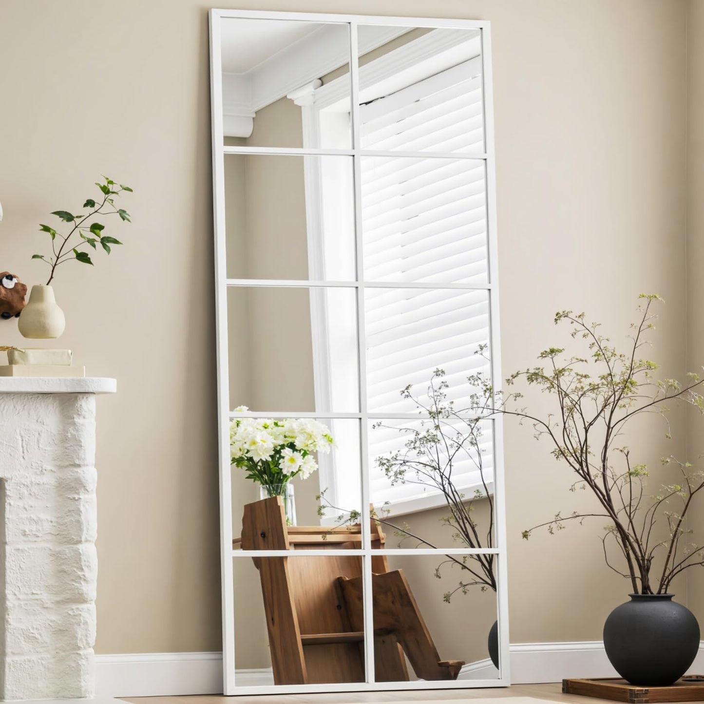 Full Length Mirror, 71"x32" Large Rectangular Window Pane Wall Mirror, White Full Body Mirrors, Oversize Farmhouse Standing Mirrors Hanging or Leaning for Living Room, Entryway, No Stand