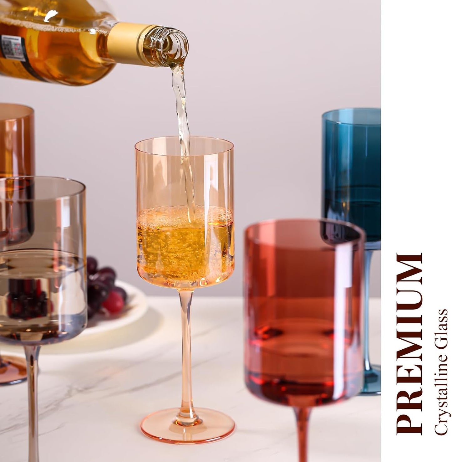 Colored Square Wine Glasses Set of 6, 14oz【Hand Blown】 Colorful Crystal Wine Glasses with Stem - Unique Muticolor Glasses Gifts for Birthday Women Party