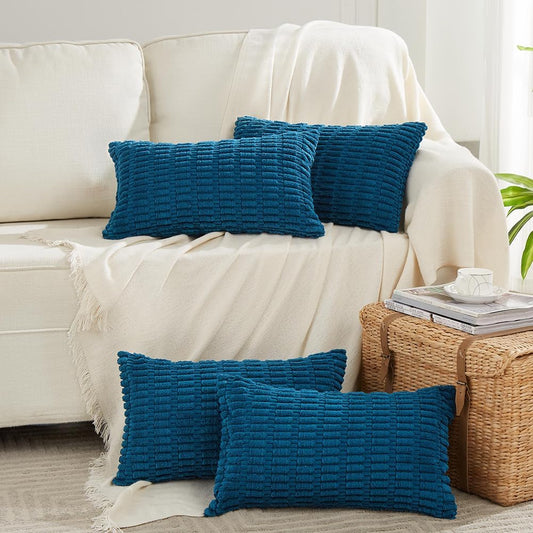 Fancy Homi 4 Packs Teal Lumbar Decorative Throw Pillow Covers 12x20 Inch for Living Room Couch Bed Sofa, Farmhouse Boho Home Decor, Soft Striped Corduroy Rectangle Cushion Case 30x50 cm