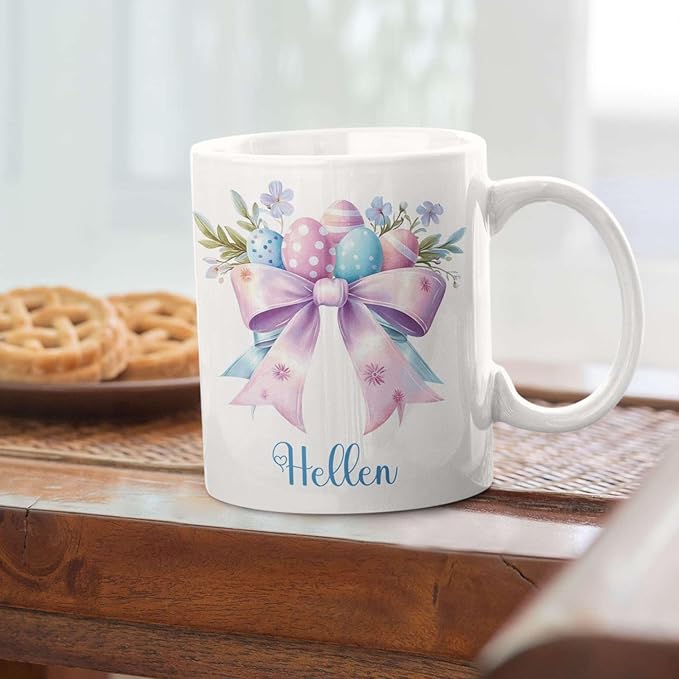 Unique Custom Name Coffee Mug, Spring Flowers and Bow Ceramic Cup 11oz 15oz, Personalized Elegant Bow White Mug, Easter Eggs with Floral Coffee Cup, Gifts for Easter Celebration