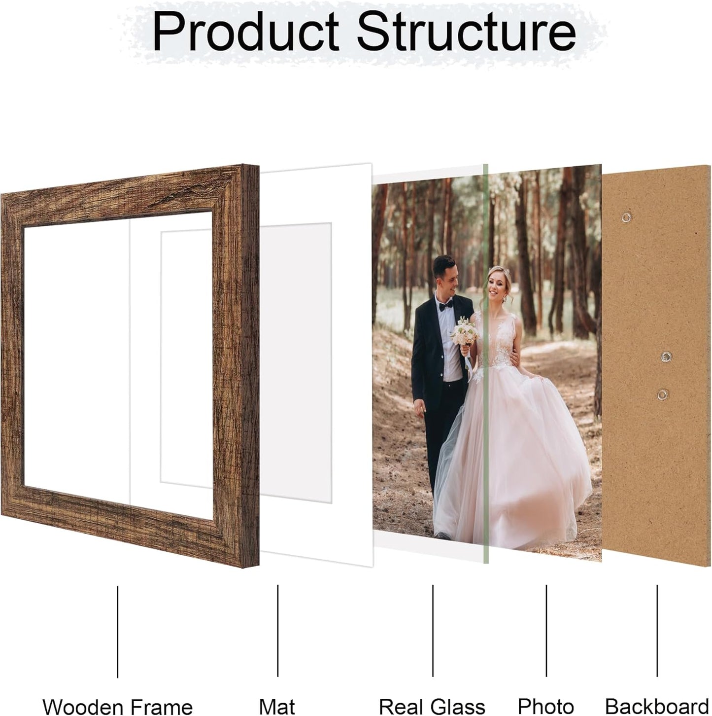 iRahmen 8x8 Picture Frame Set of 4 with HD Glass, Display 6x6 Pictures with Mat or 8 x 8 Without Mat, Rustic Wood Photo Frame for Wall Mount and Tabletop Display