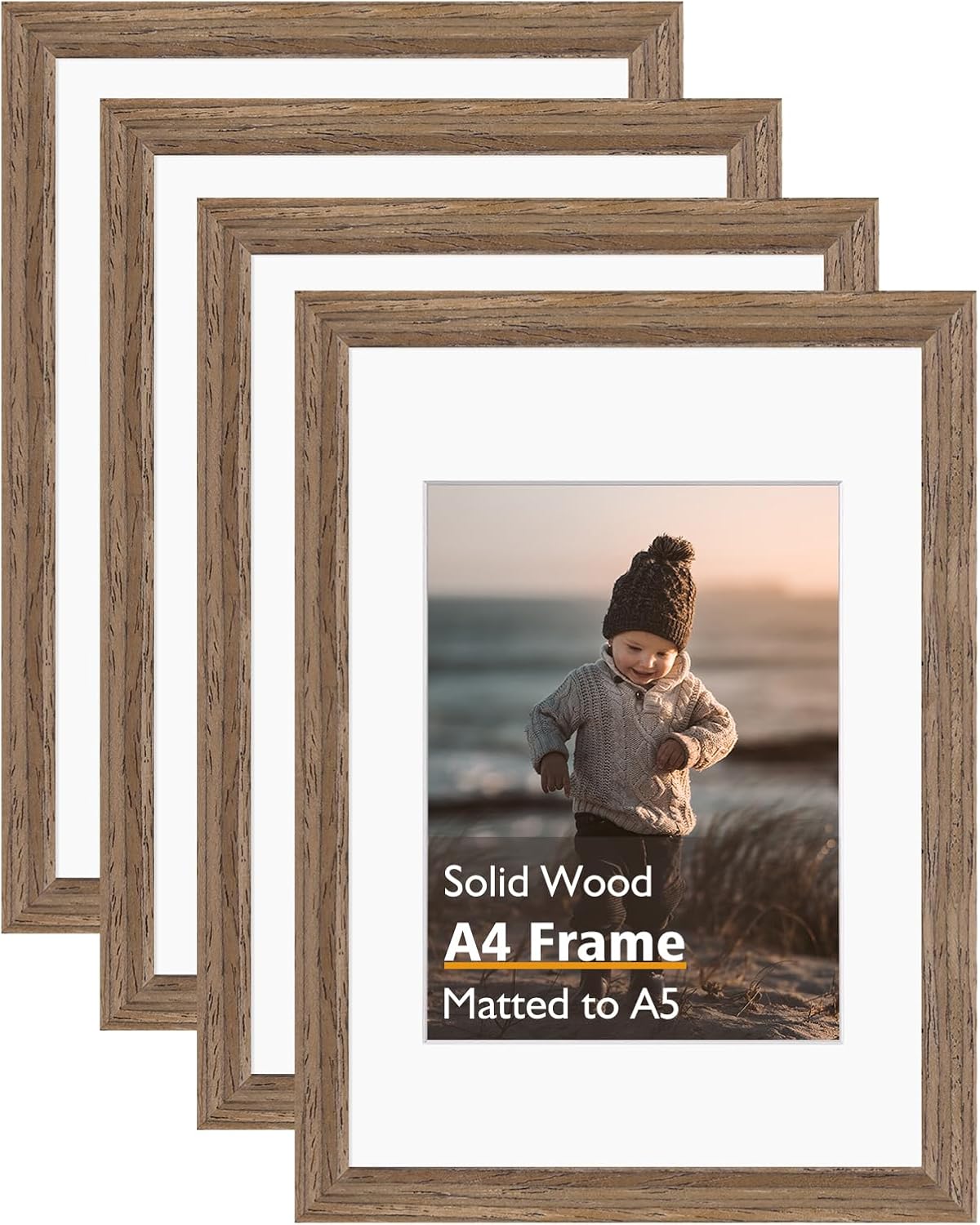KINLINK A4 Picture Frame, Brown Solid Wood Frames with Acrylic Plexiglass for Pictures A5 with Mat or A4 without Mat, Tabletop and Wall Mounting Display 4 Pack
