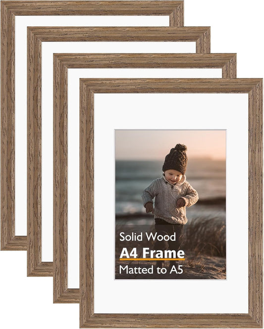 KINLINK A4 Picture Frame, Brown Solid Wood Frames with Acrylic Plexiglass for Pictures A5 with Mat or A4 without Mat, Tabletop and Wall Mounting Display 4 Pack