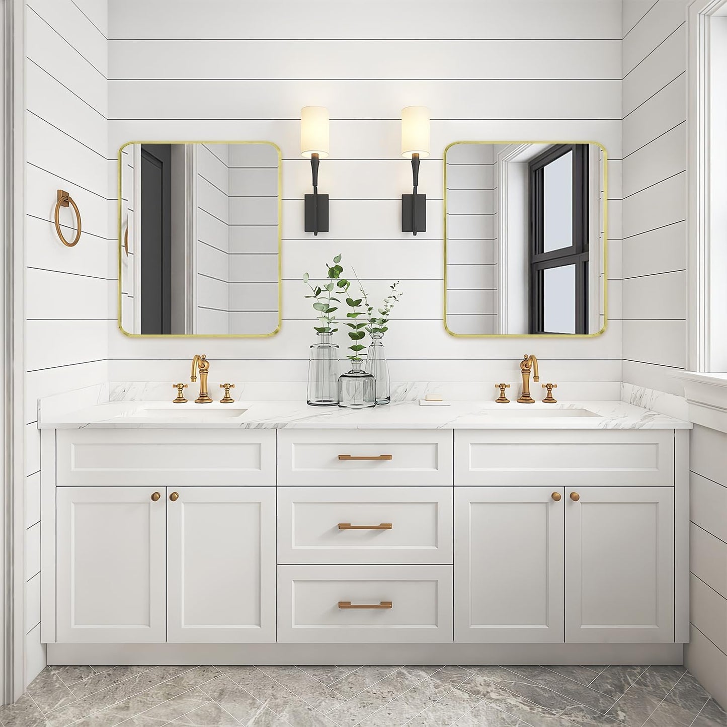 Gold Metal Framed Bathroom Mirror for Wall, Brushed Gold Rounded Corner Rectangular Bathroom Vanity Mirror, Anti-Rust, Tempered Glass (30" x 36", Gold)