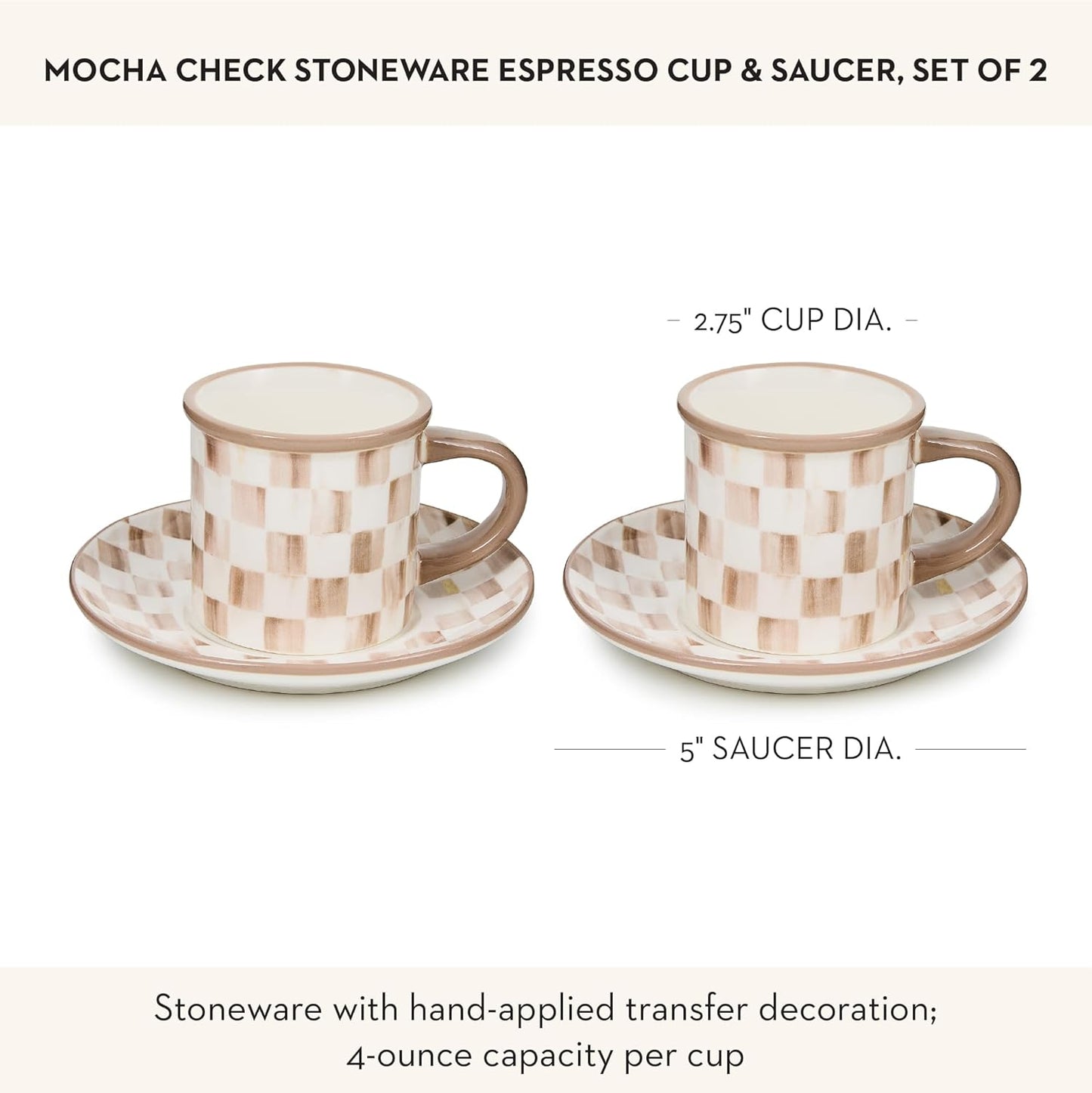 MACKENZIE-CHILDS Set of 2 Stoneware Espresso Cup and Saucer, Cute Coffee Cups, Brown-and-White Mocha Check