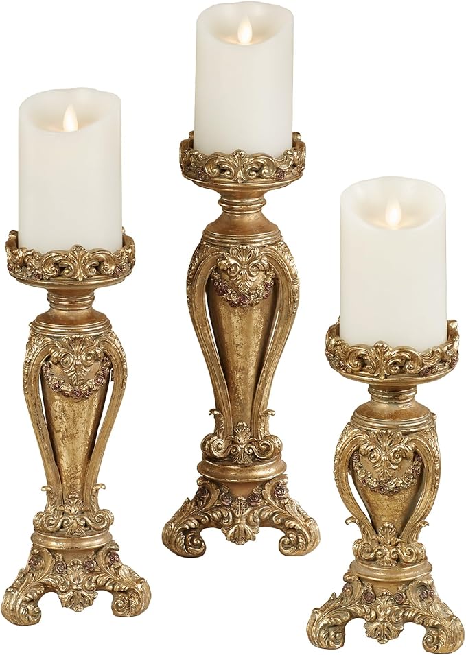 Touch of Class Angelique Ornate Candleholders Aged Gold Set of 3 - Victorian Style Table Candleholder for Dining Room, Mantel - Vintage Centerpiece Decor