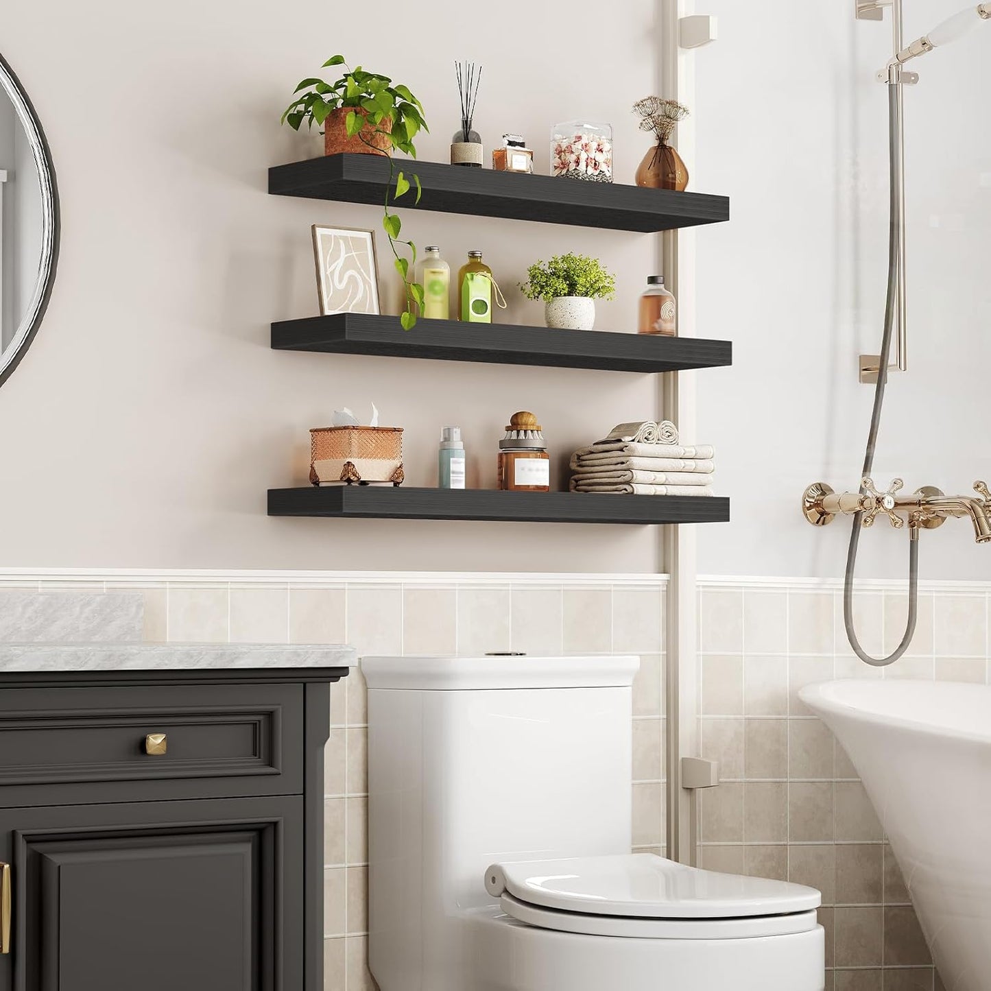 Floating Shelves for Wall, 1.5" Thick Wall Shelf Set of 3 with Invisible Brackets, L31.5 x W7.9 Hanging Book Shelves Farmhouse Home Decor for Bathroom, Living Room, Bedroom, Black 8301BJP3BK