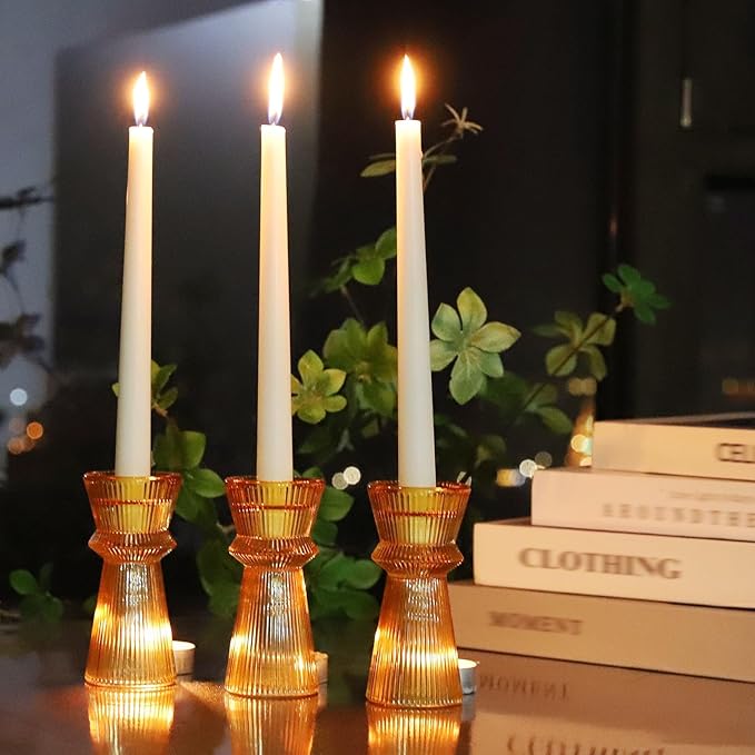 VOHO Vintage Ribbed Taper Candle Holders Set of 3, Boho Amber Candle Sticks Holder Decor Fall Centerpieces for Tables Thanksgiving, Minimalist Tapered Candlestick Holders for Tea Light & Taper Candles