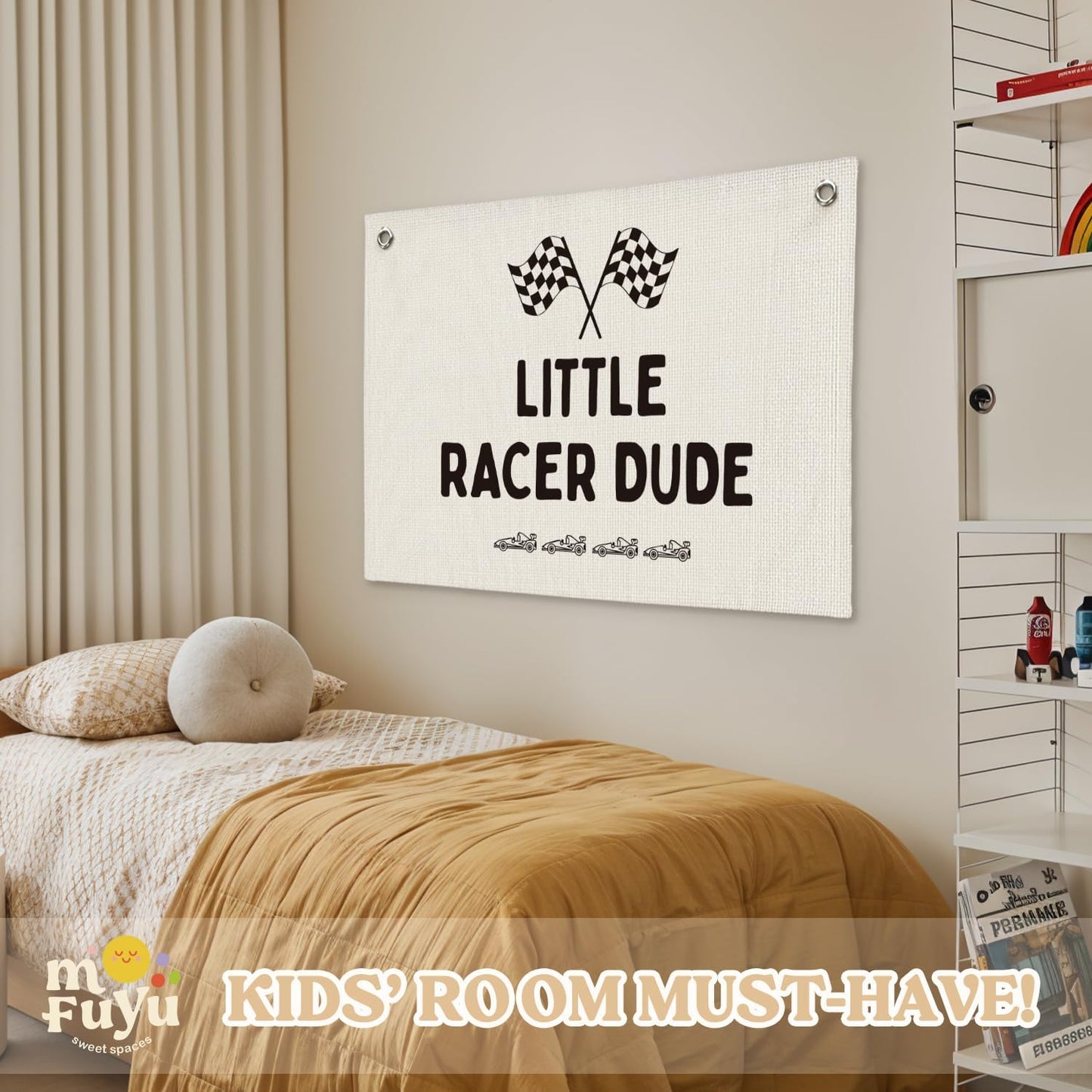 Little Racer Dude Canvas Banner – Race Car Room Decor for Boys, Toddler Boy Wall Hanging for Bedroom or Playroom, 30x20 Inch