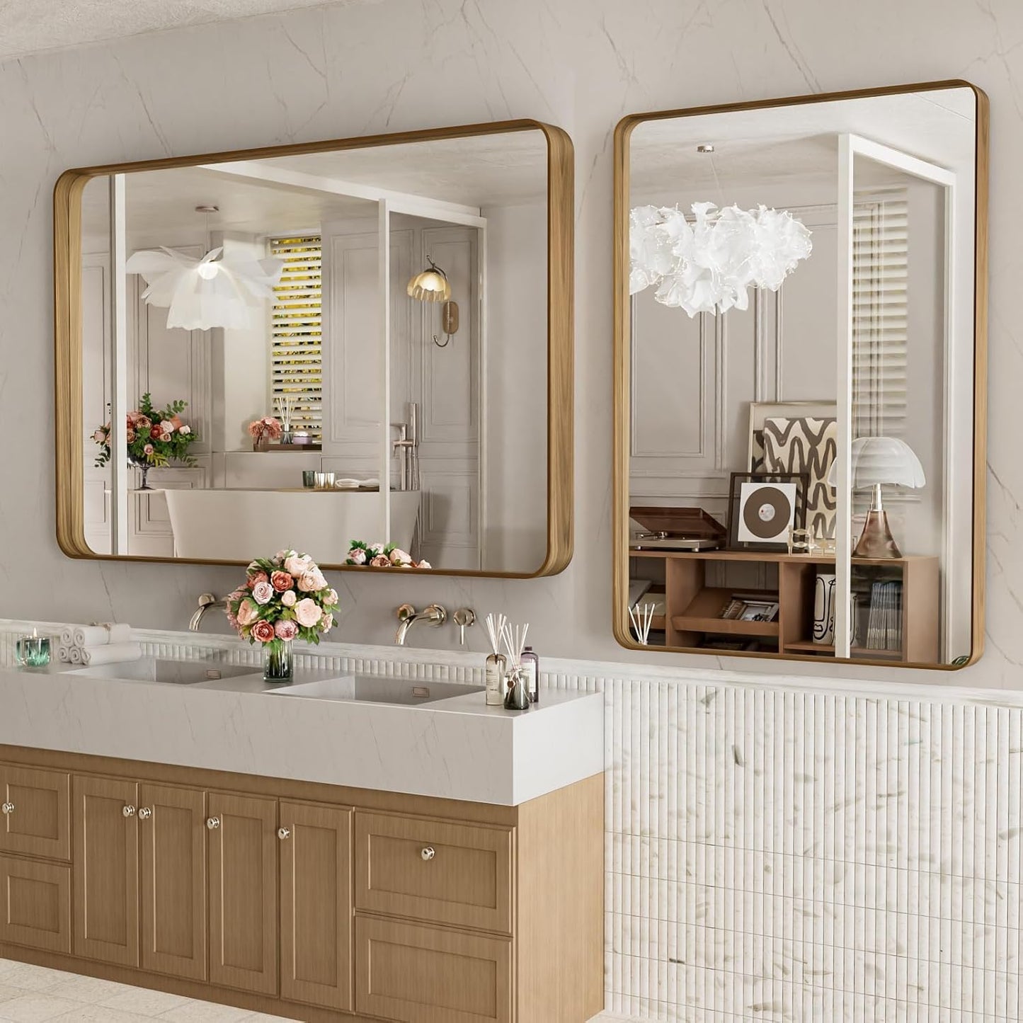 LOAAO 48X32 Inch Bathroom Mirror with Wood Grain Colored Metal Frame, Rounded Rectangle Metal Framed Bathroom Mirror, Anti-Rust, Hangs Horizontally or Vertically, Tempered Glass