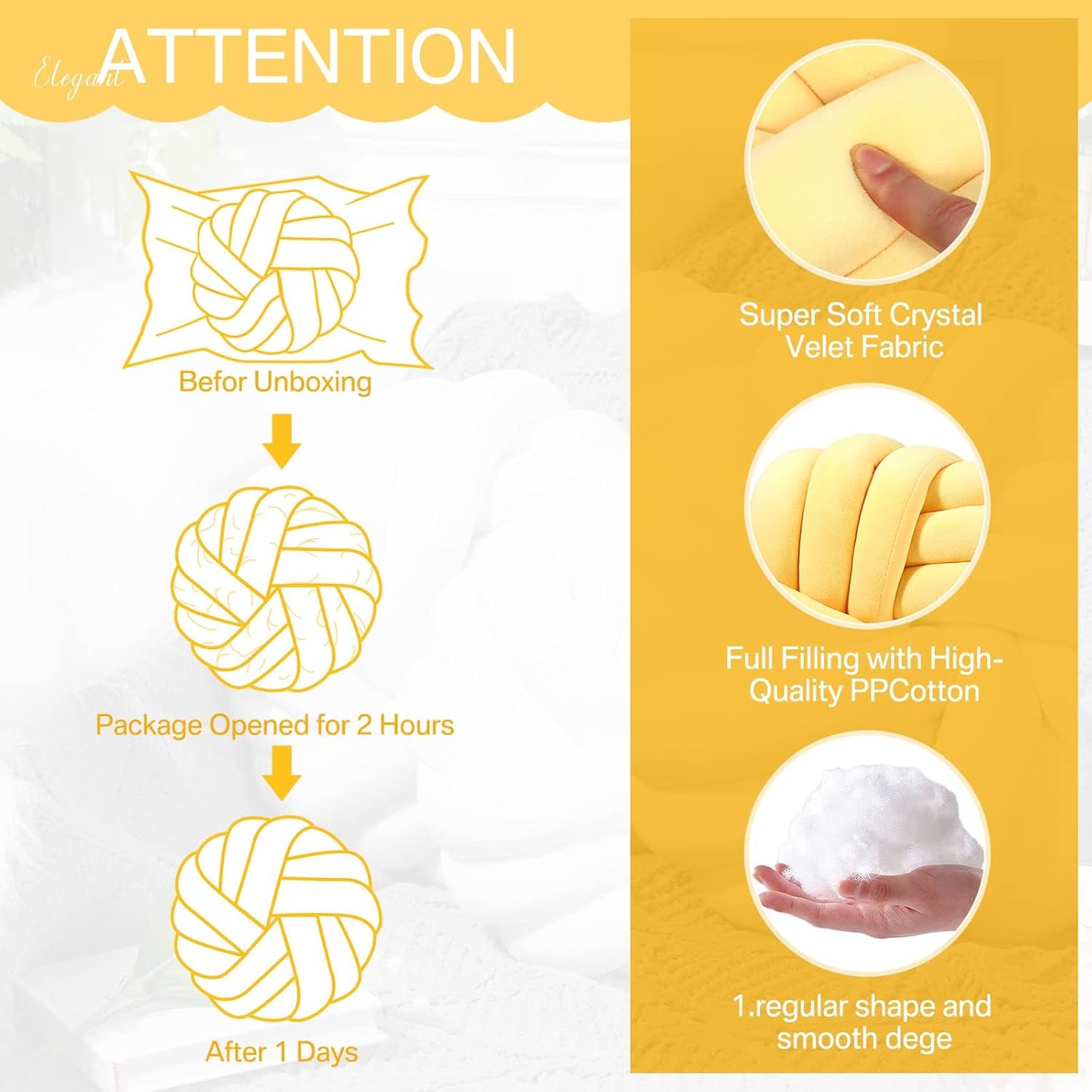 Fumete 2 Pcs 14 Inches Knot Pillow Round Throw Soft Plush Knot Ball Pillow Handmade Knotted Modern Home Decorative Cushion for Bed Bedroom, Sofa, Couch (Yellow)