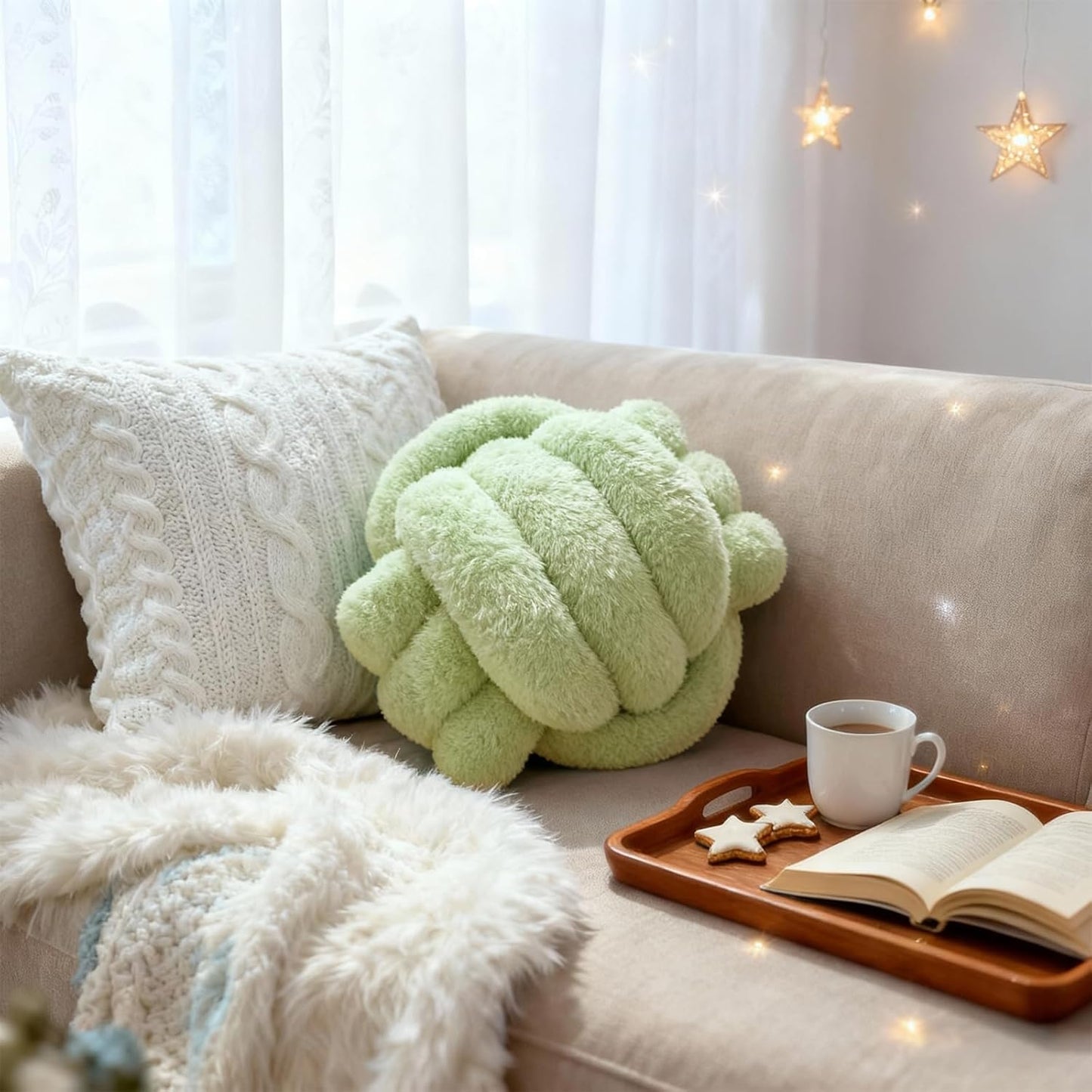 Knot Pillow Ball Plush - Decorative Throw Pillows for Bed Relieve Stress, Round Knot Cushion for Sofa Decor Pet Toy, Sage Green 12 inch
